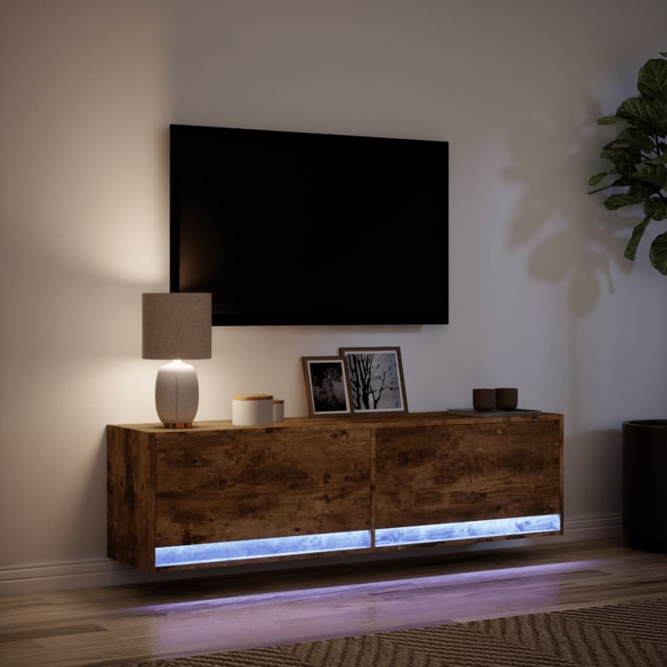 Mueble de TV de pared con luces LED roble ahumado 140x31x38