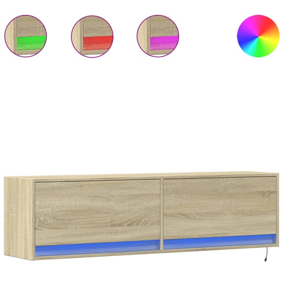 Mueble de TV de pared con luces LED roble Sonoma 140x31x38