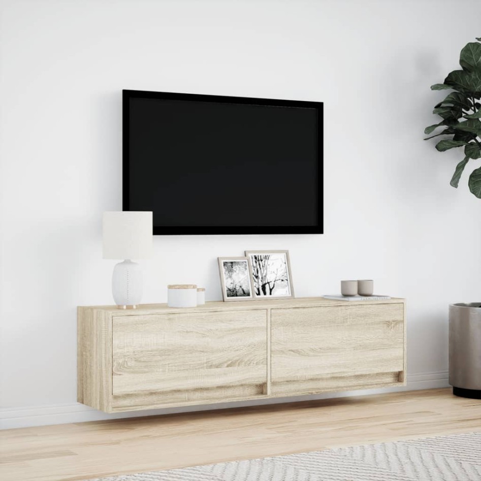 Mueble de TV de pared con luces LED roble Sonoma 140x31x38