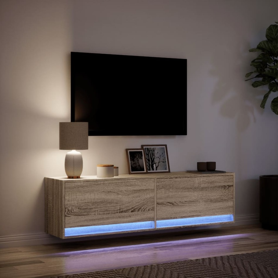 Mueble de TV de pared con luces LED roble Sonoma 140x31x38