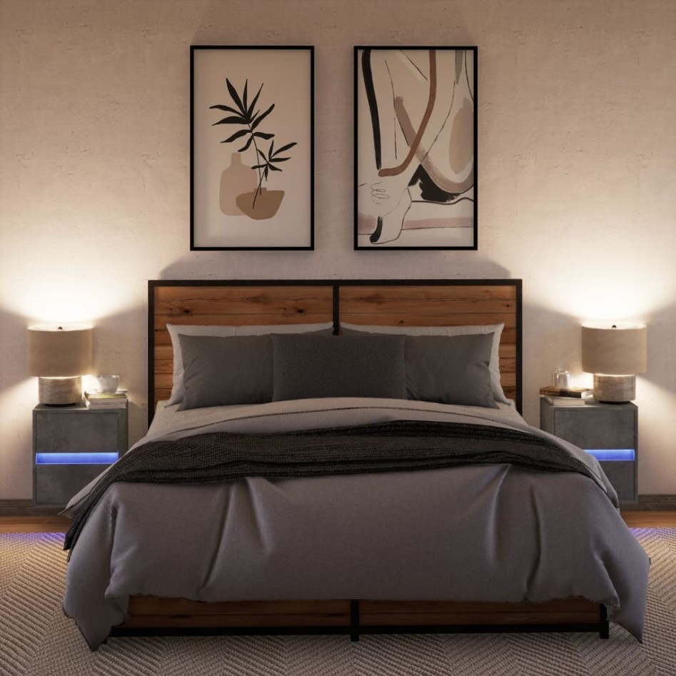 Mesitas de noche de pared con luces LED 2 uds gris