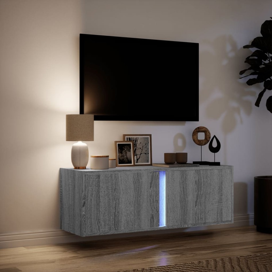 Mueble de TV de pared con luces LED gris Sonoma 100x31x35