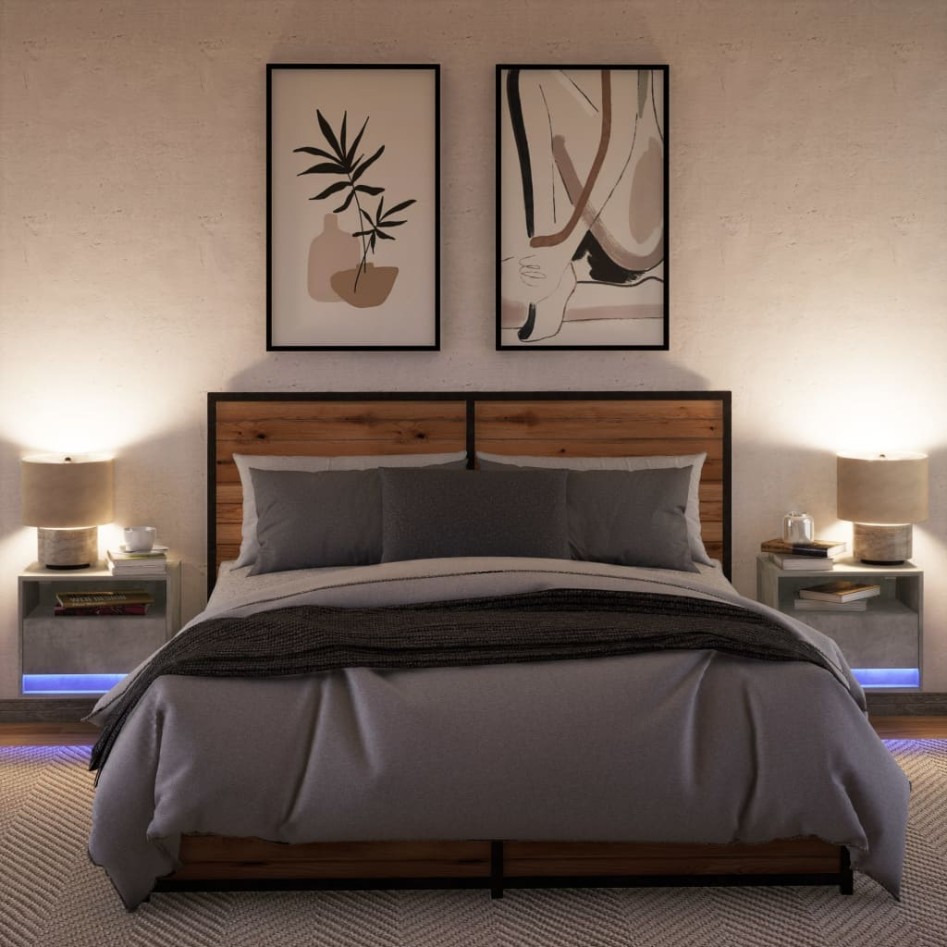 Mesitas de noche de pared con luces LED 2 uds gris
