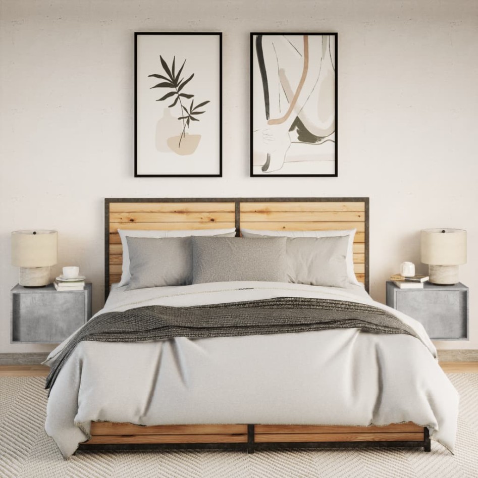 Mesitas de noche de pared con luces LED 2 uds gris