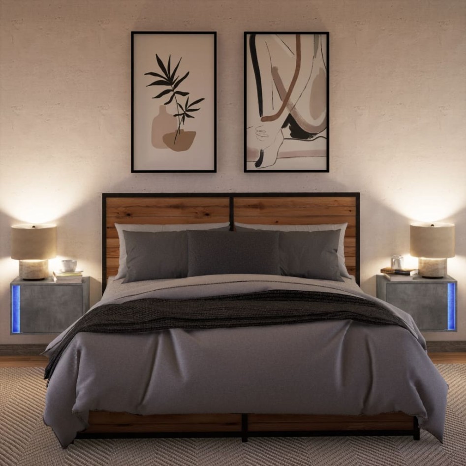 Mesitas de noche de pared con luces LED 2 uds gris