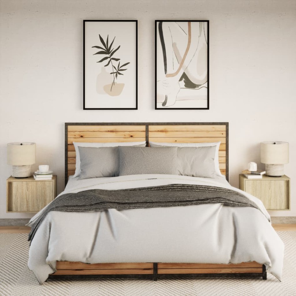 Mesitas de noche de pared con luces LED 2 unidades roble