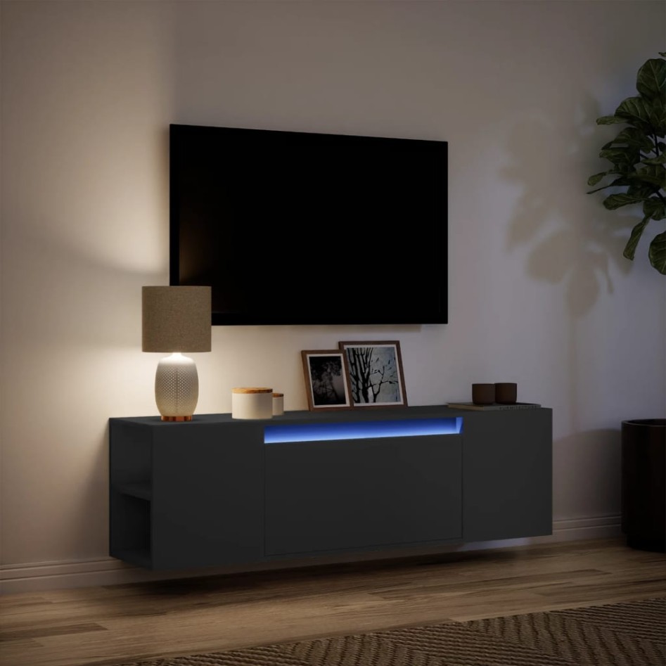 Mueble de TV de pared con luces LED negro 135x31x39,5