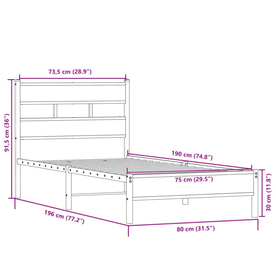 Estructura de cama sin colchón madera roble Sonoma 75x190