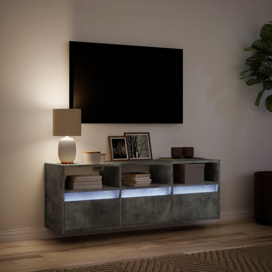 Mueble de TV de pared con luces LED gris hormigón 130x31x45