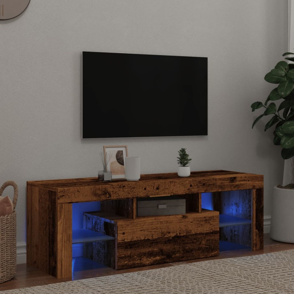Mueble TV luces LED madera ingeniería envejecida 120x36,5x40