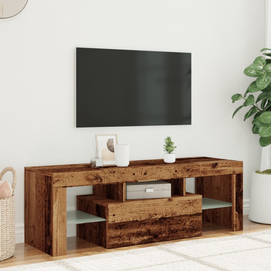 Mueble TV luces LED madera ingeniería envejecida 120x36,5x40