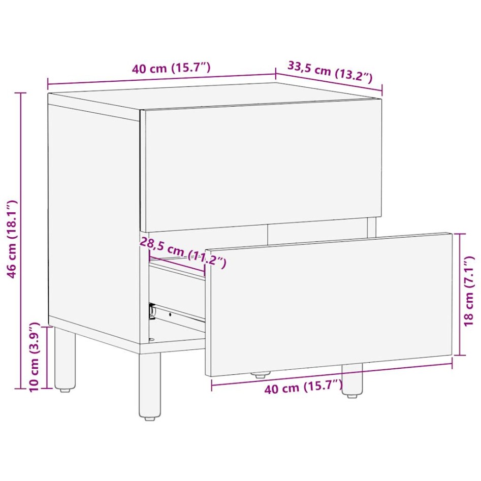 Mesita de noche madera maciza mango rugosa negro 40x33,5x46