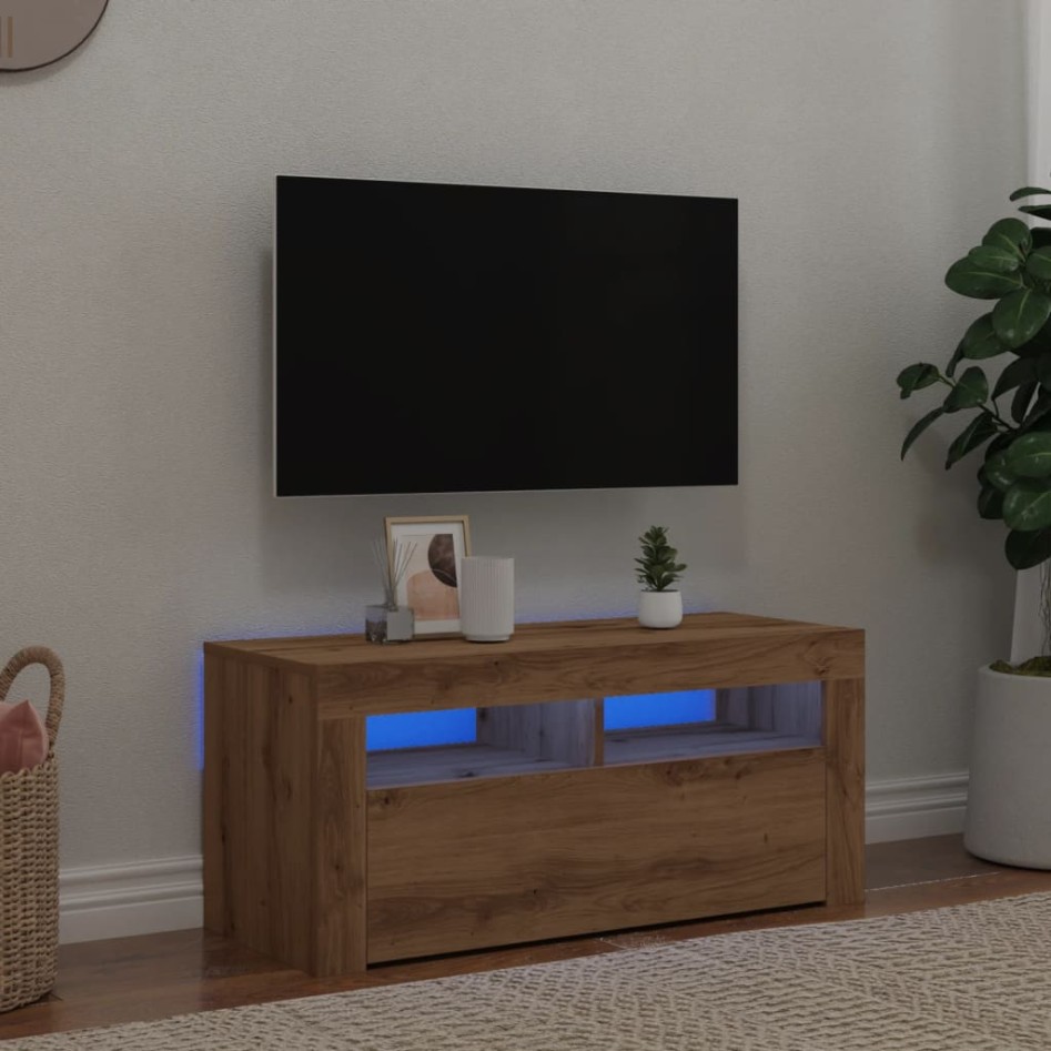 Mueble de TV luces LED madera roble artisan 90x35x40