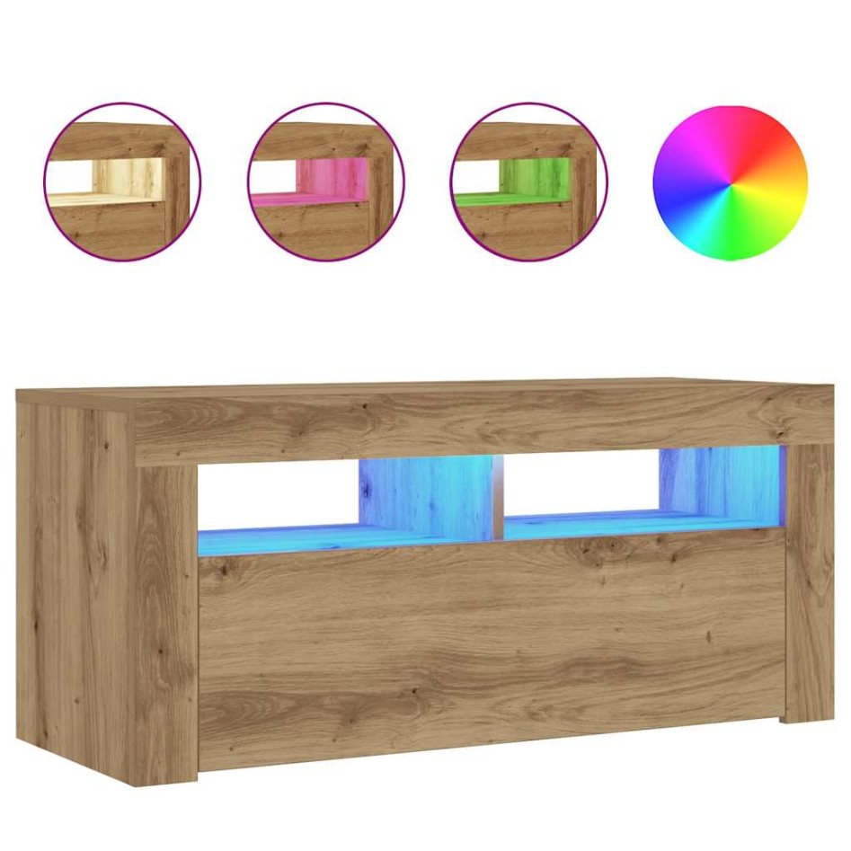 Mueble de TV luces LED madera roble artisan 90x35x40