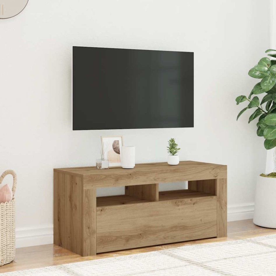 Mueble de TV luces LED madera roble artisan 90x35x40