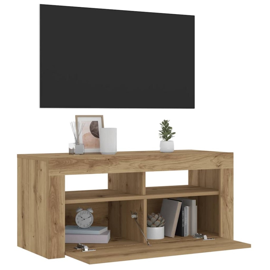 Mueble de TV luces LED madera roble artisan 90x35x40