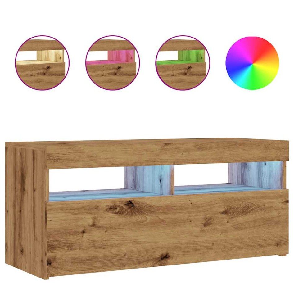 Mueble de TV luces LED madera roble artisan 90x35x40