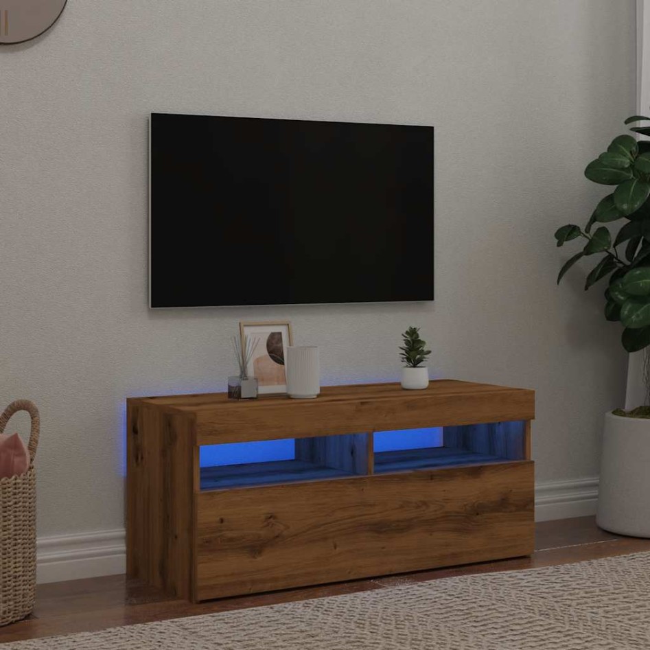 Mueble de TV luces LED madera roble artisan 90x35x40