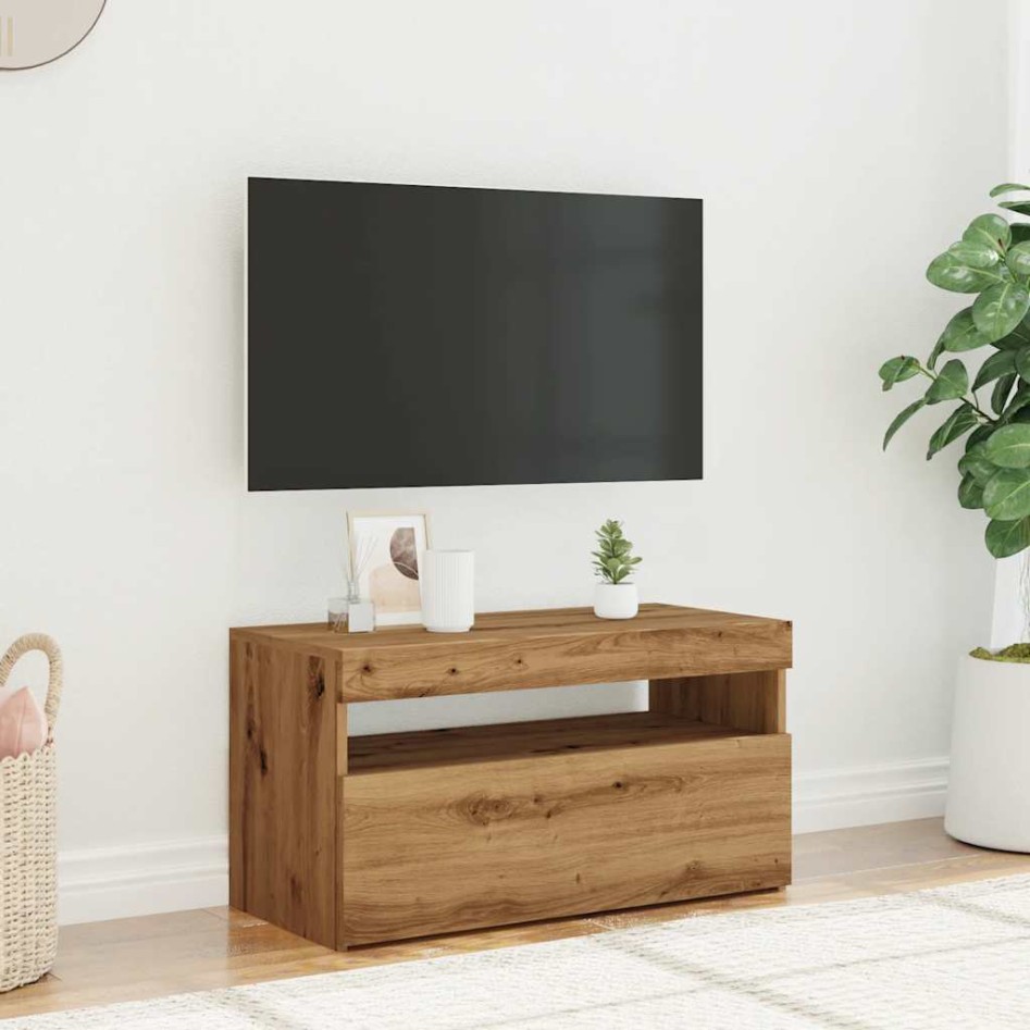 Mueble de TV luces LED madera roble artisan 75x35x40