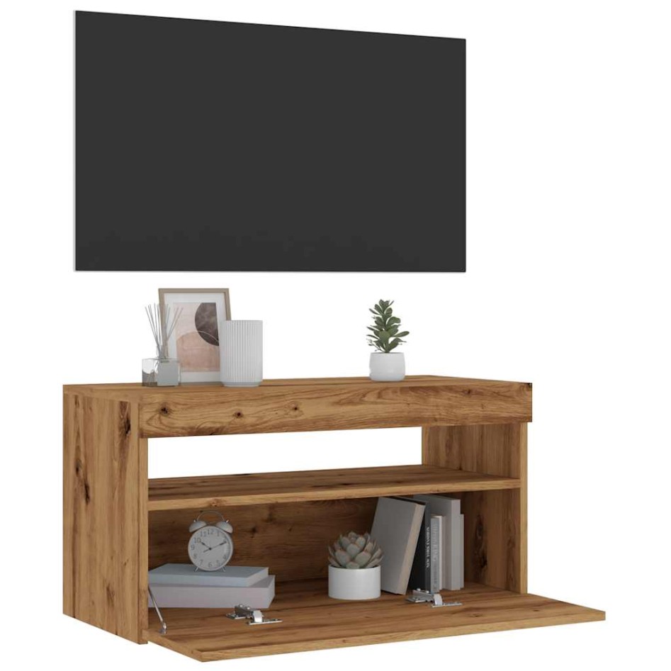 Mueble de TV luces LED madera roble artisan 75x35x40