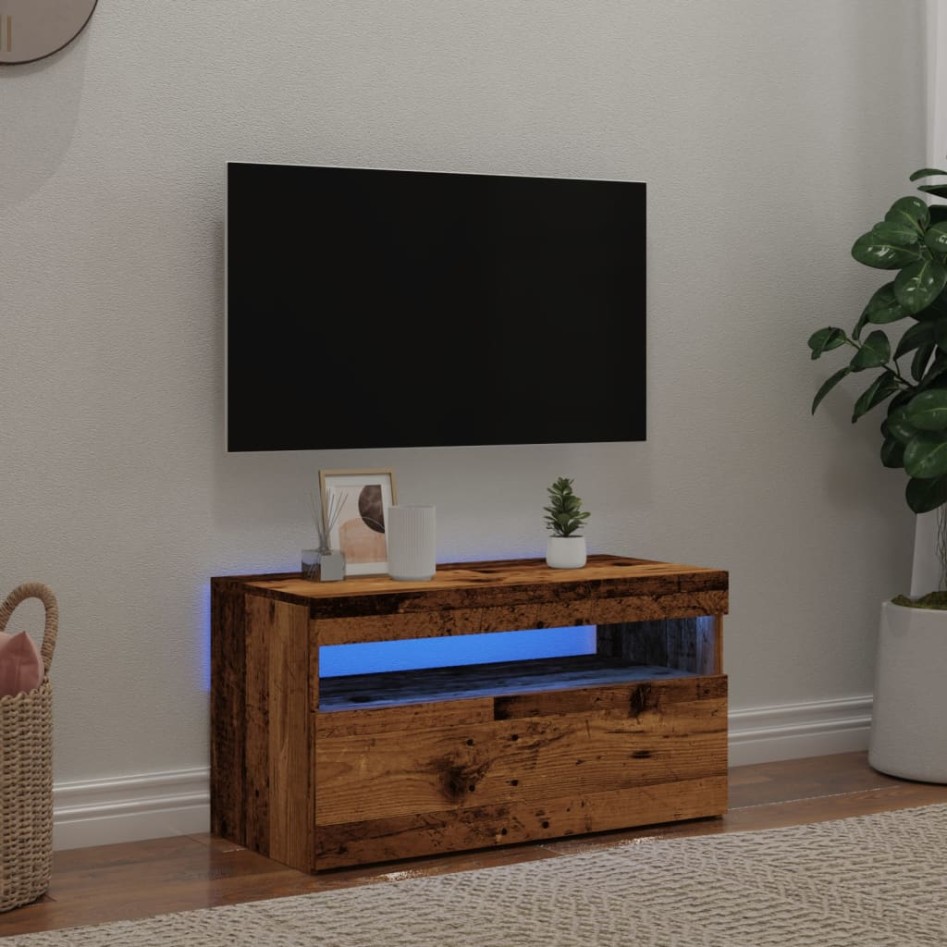 Mueble TV luces LED madera ingeniería envejecida 75x35x40