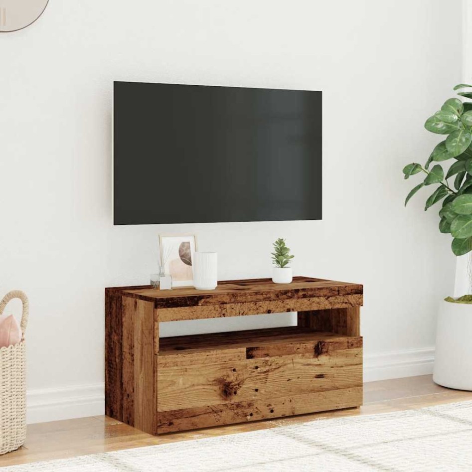Mueble TV luces LED madera ingeniería envejecida 75x35x40