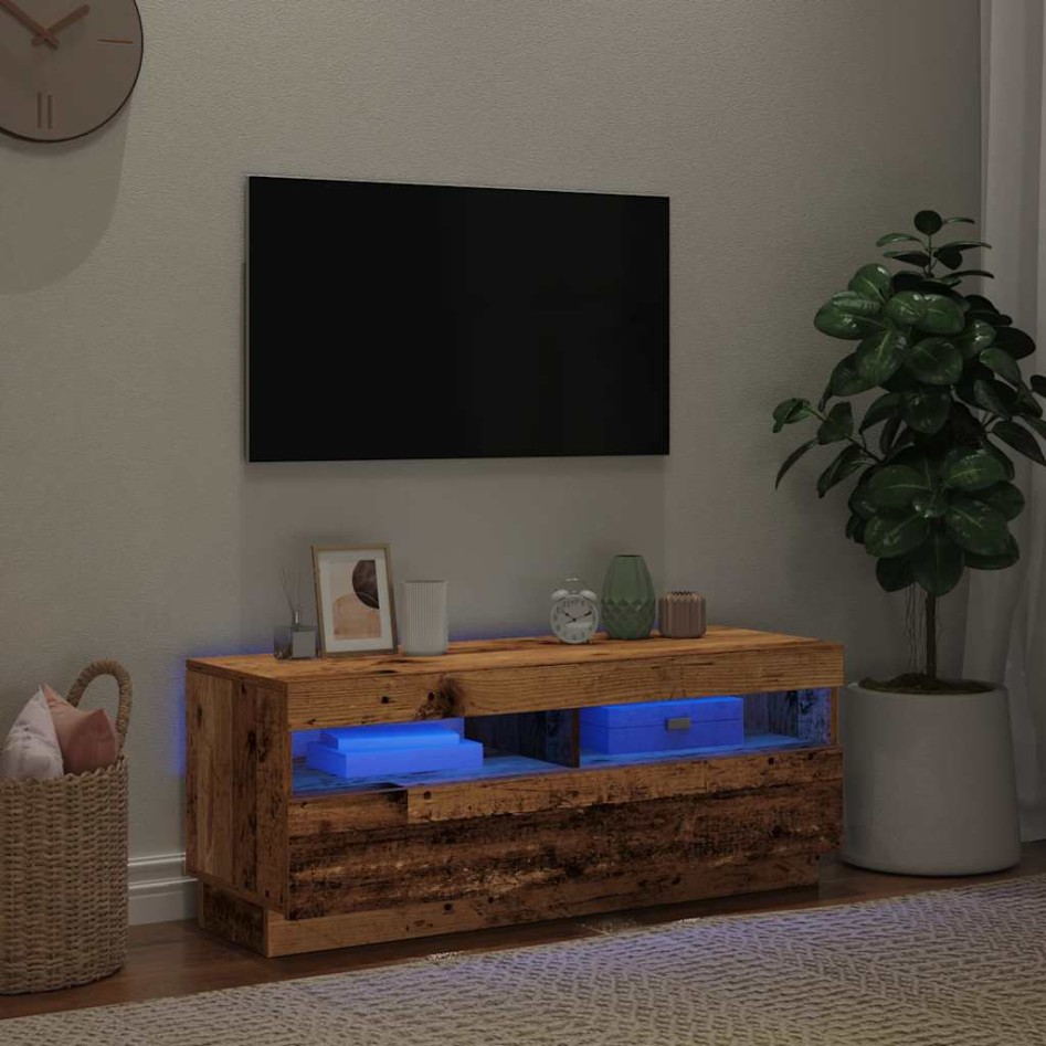 Mueble TV luces LED madera ingeniería envejecida 100x35x40
