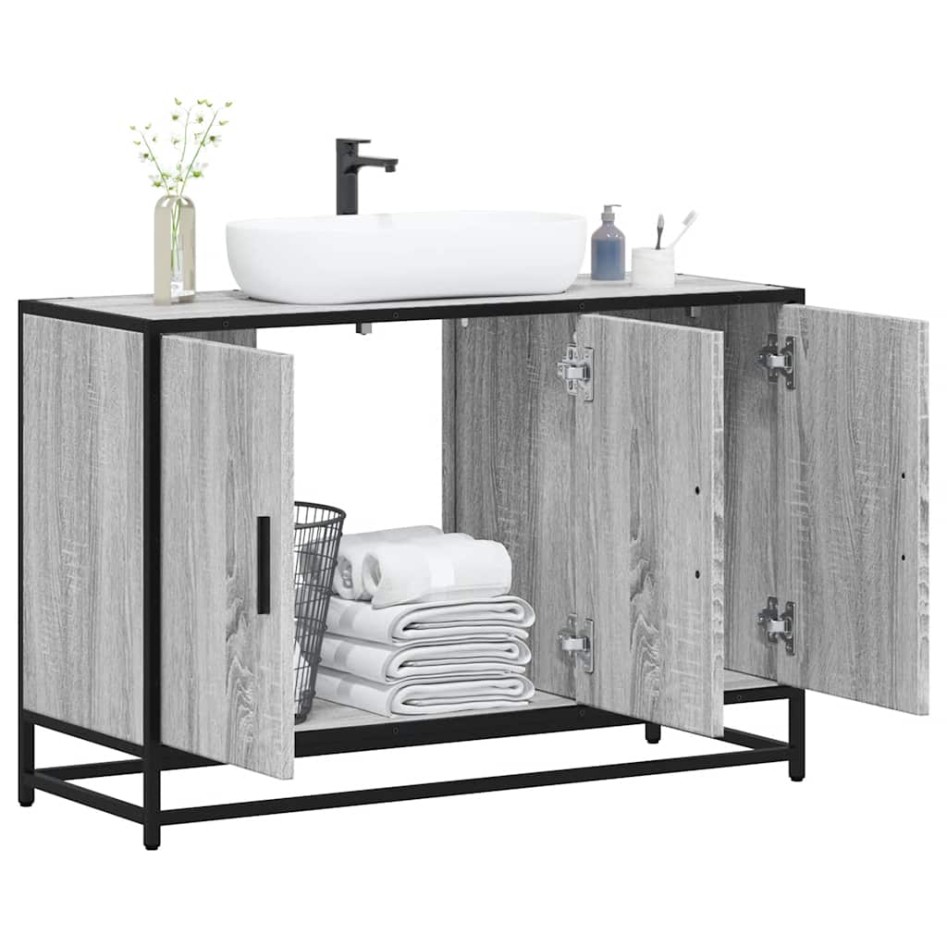 Armario lavabo baño madera ingeniería gris Sonoma 90x33x60