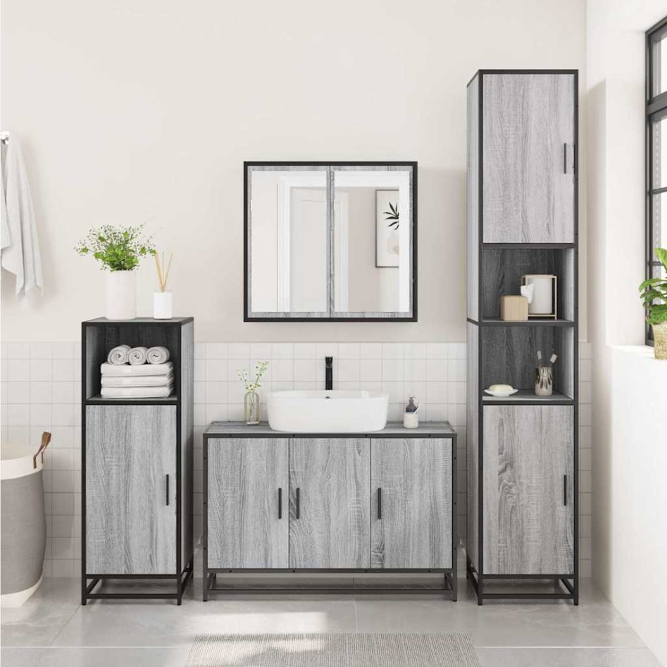 Armario lavabo baño madera ingeniería gris Sonoma 90x33x60