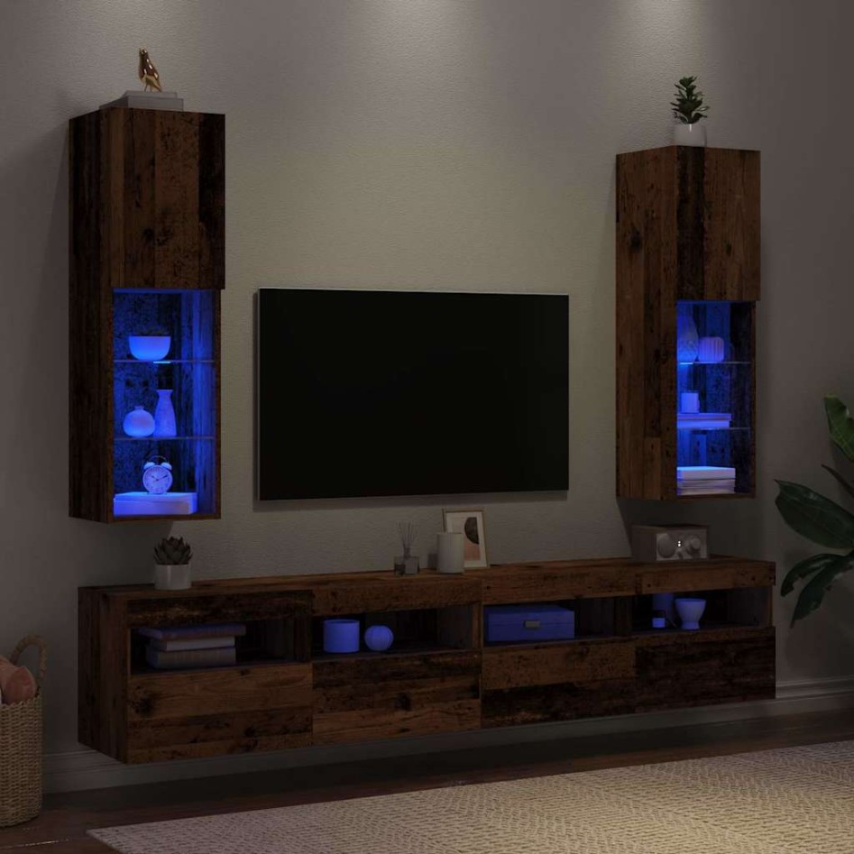Muebles TV con luces LED 2 uds madera envejecida 30,5x30x102