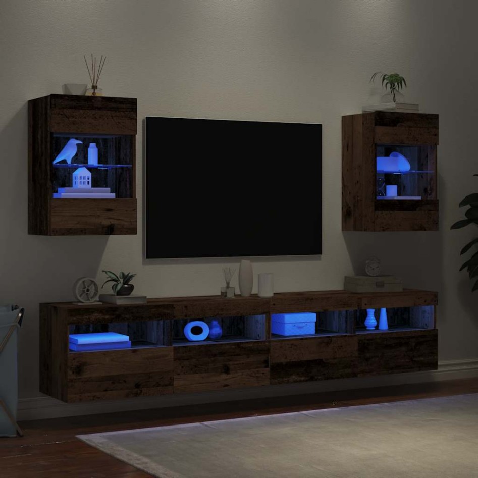 Muebles de TV pared con luces LED 2 uds envejecida