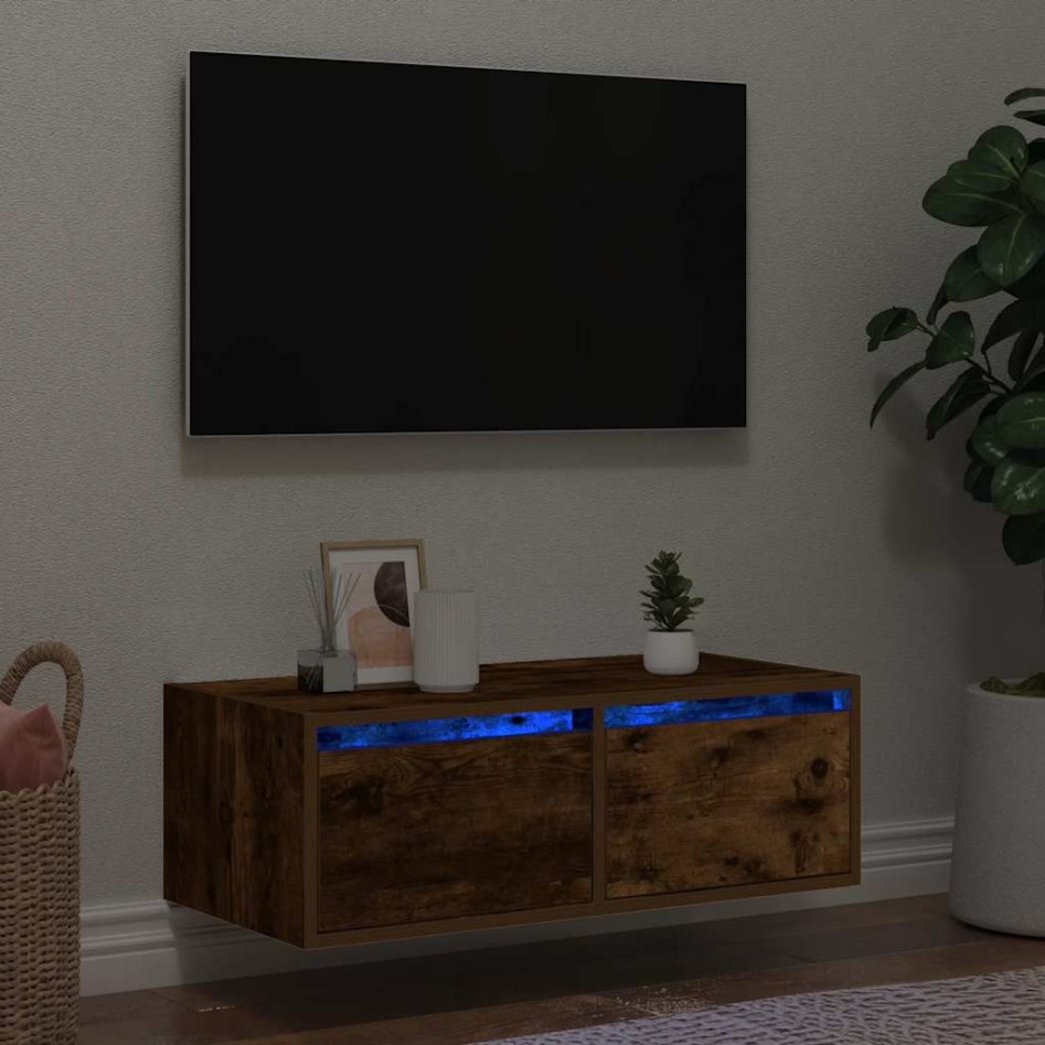 Mueble de TV con luces LED roble ahumado 75x35,5x25