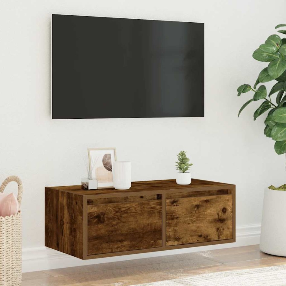 Mueble de TV con luces LED roble ahumado 75x35,5x25