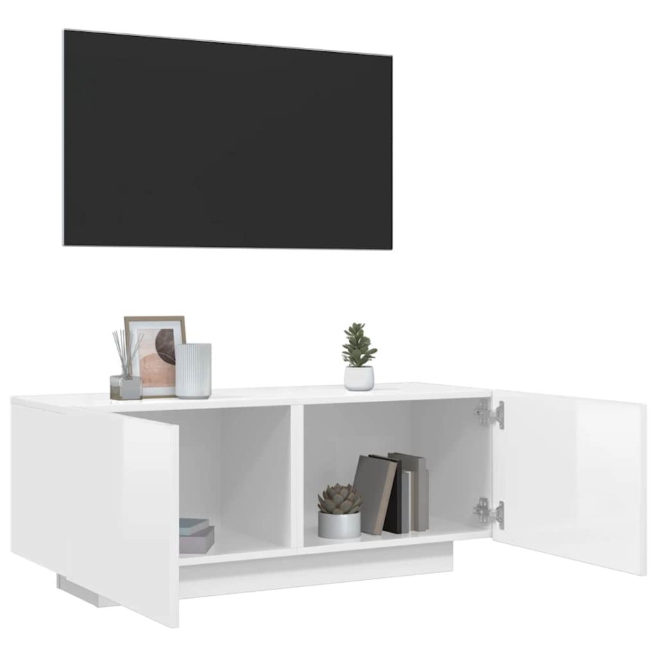 Mueble de TV madera contrachapada blanco brillo 100x35x40