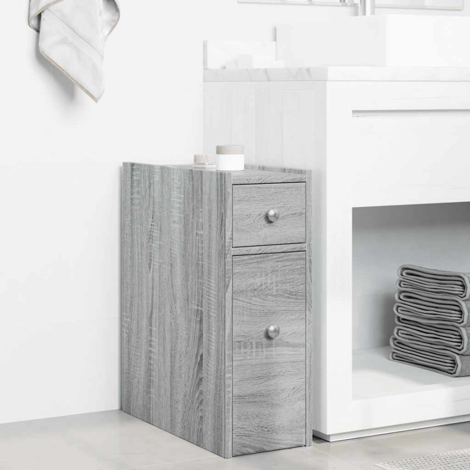 Armario de baño estrecho con ruedas madera gris
