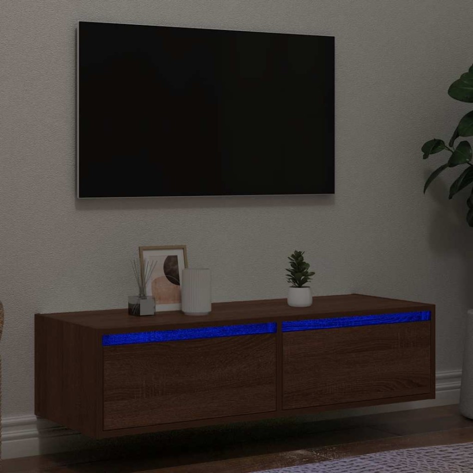 Mueble de TV con luces LED roble marrón 100X35,5x25