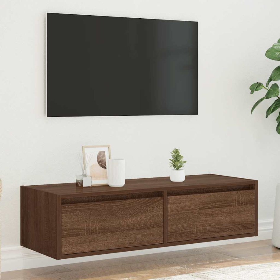 Mueble de TV con luces LED roble marrón 100X35,5x25