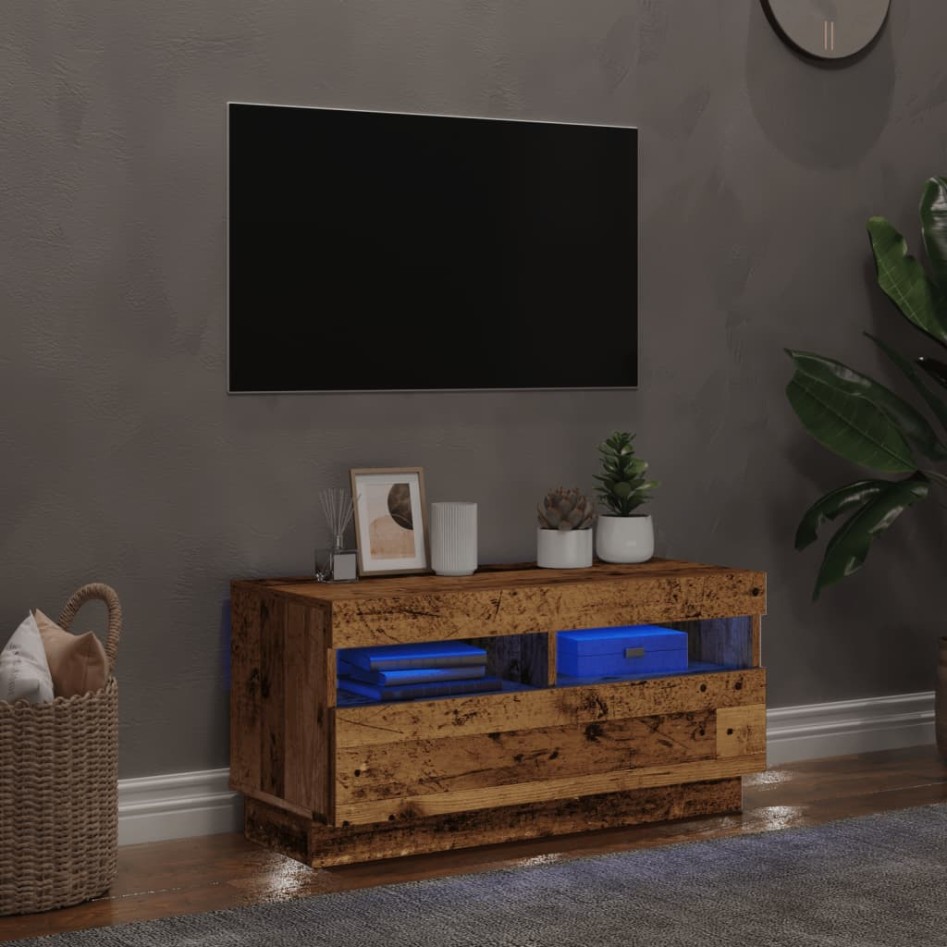 Mueble TV luces LED madera ingeniería envejecida 80x35x40
