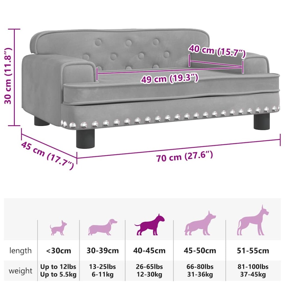 Cama para perros de terciopelo gris claro 70x45x30
