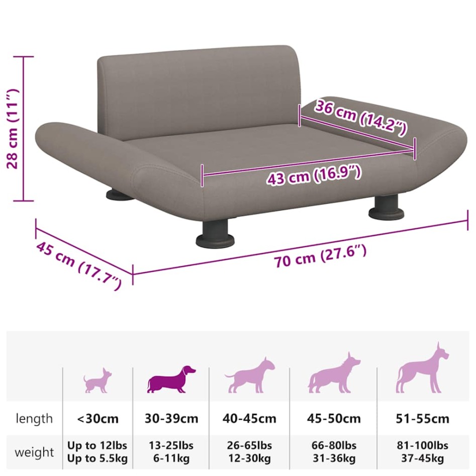 Cama para perros de tela gris taupe 70x45x28
