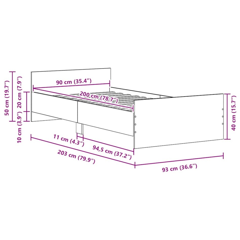 Estructura de cama sin colchón roble negro 90x200