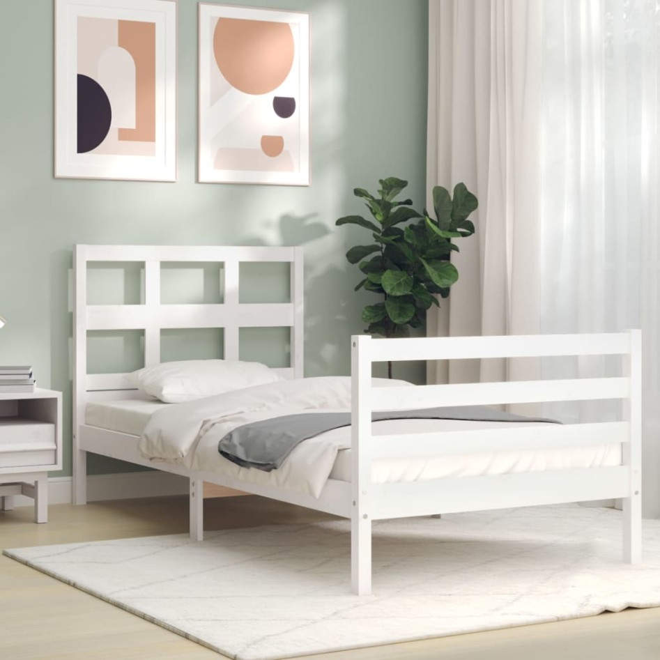 Estructura de cama con cabecero madera maciza blanco 90x200
