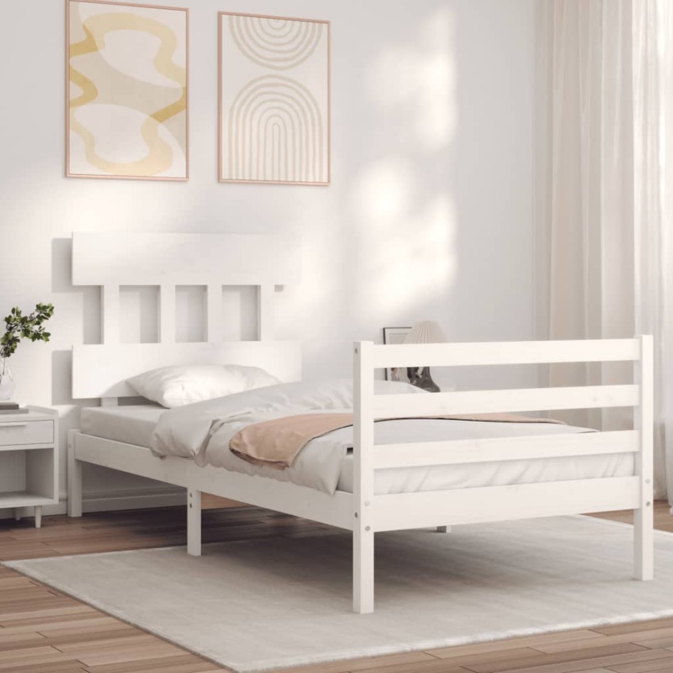 Estructura de cama con cabecero madera maciza blanco 90x200