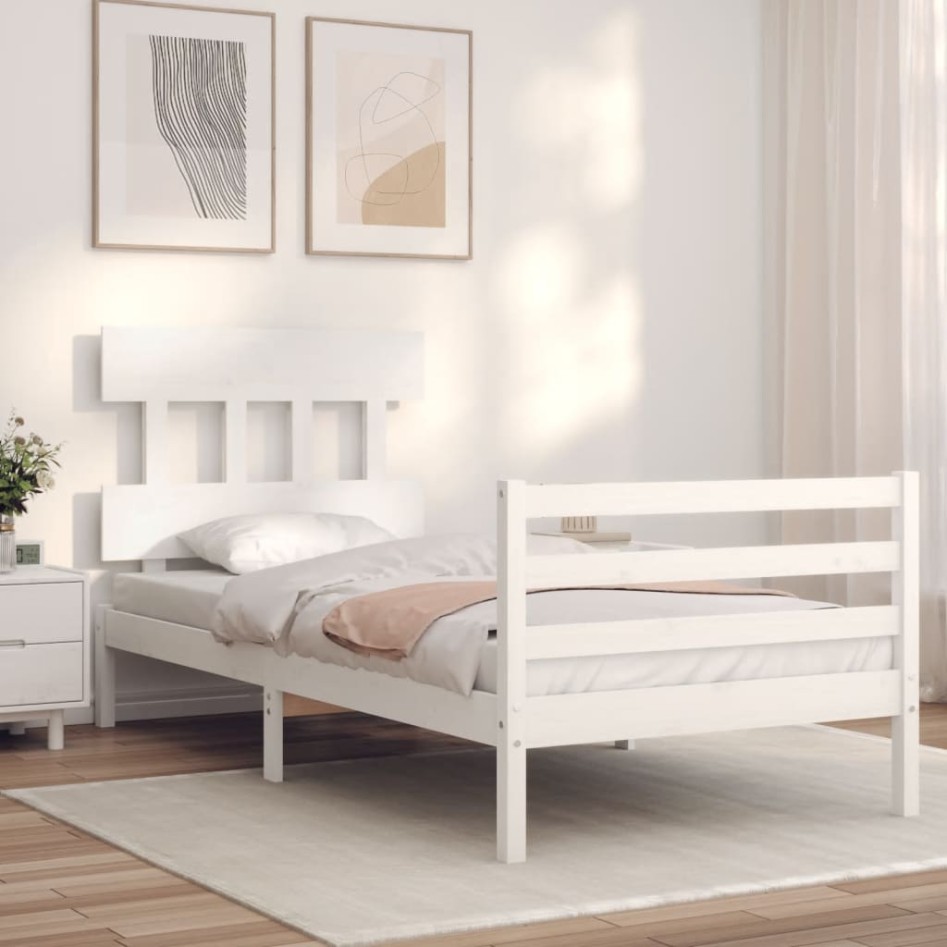 Estructura de cama con cabecero madera maciza blanco 90x200