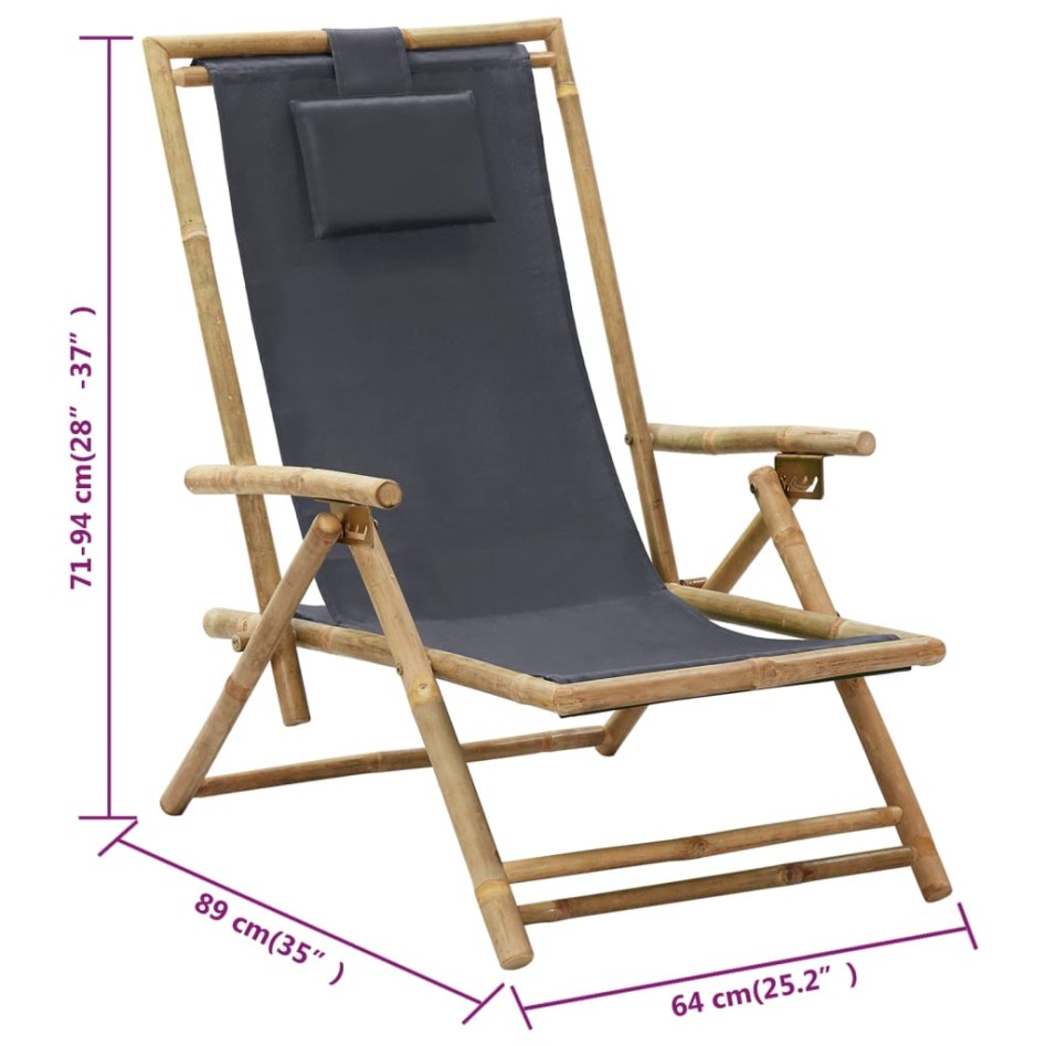 Silla de relax reclinable de bambú y tela gris