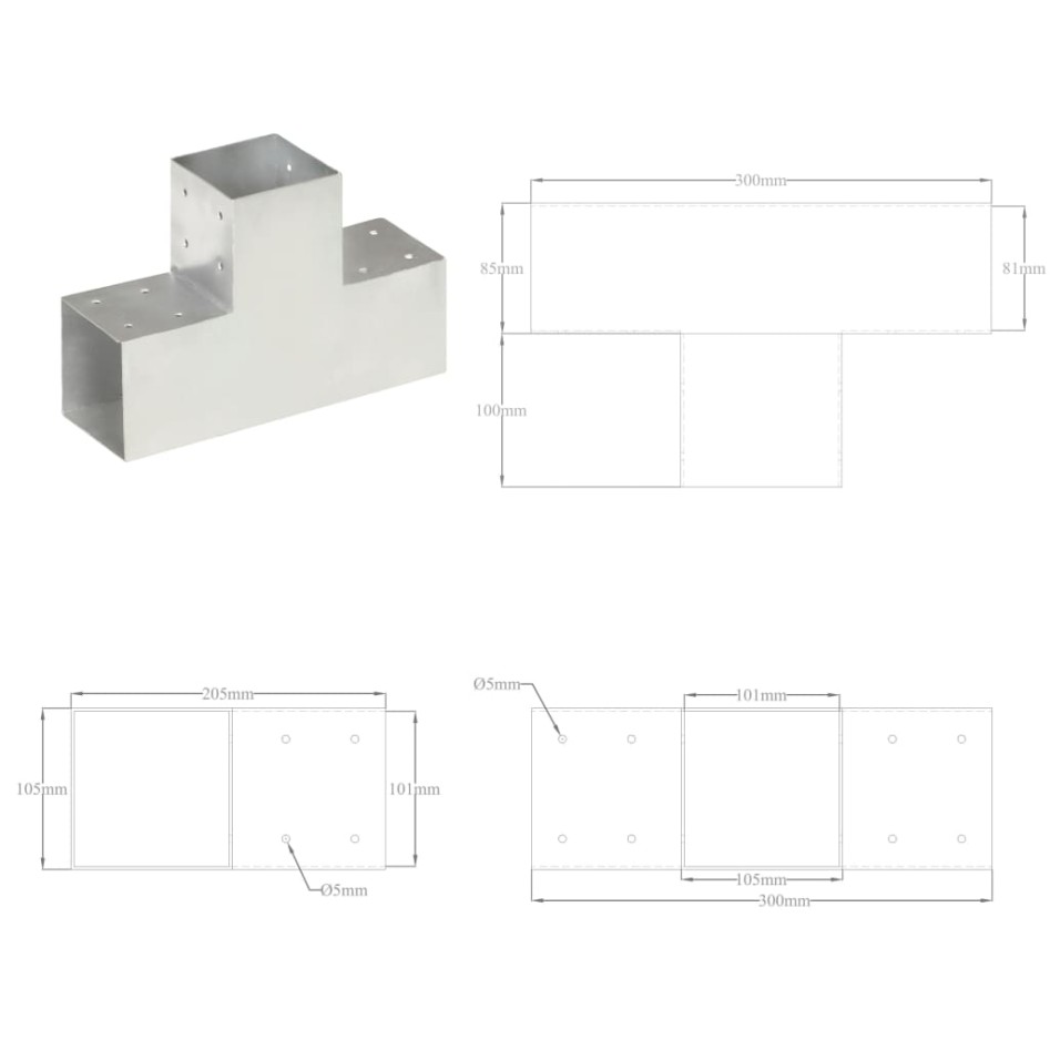 Conectores de postes en T 4 uds metal galvanizado 101x101