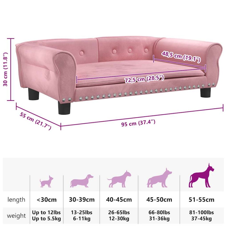 Cama para perros de terciopelo rosa 95x55x30