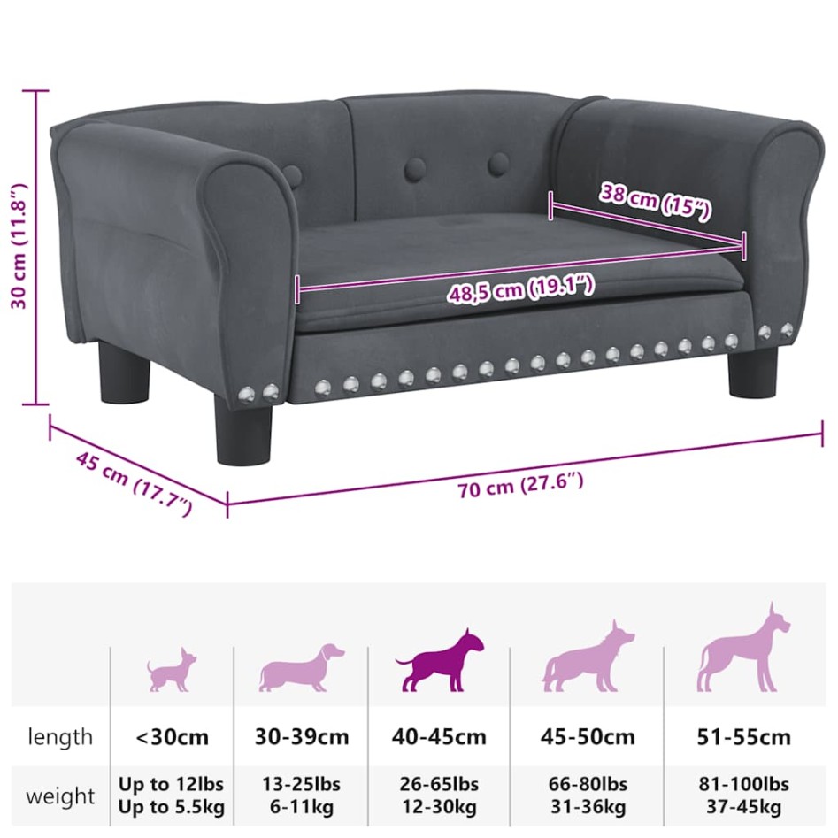 Cama para perros de terciopelo gris oscuro 70x45x30