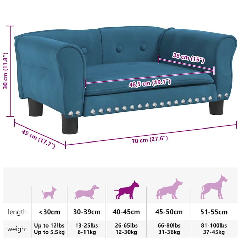 Cama para perros de terciopelo azul 70x45x30