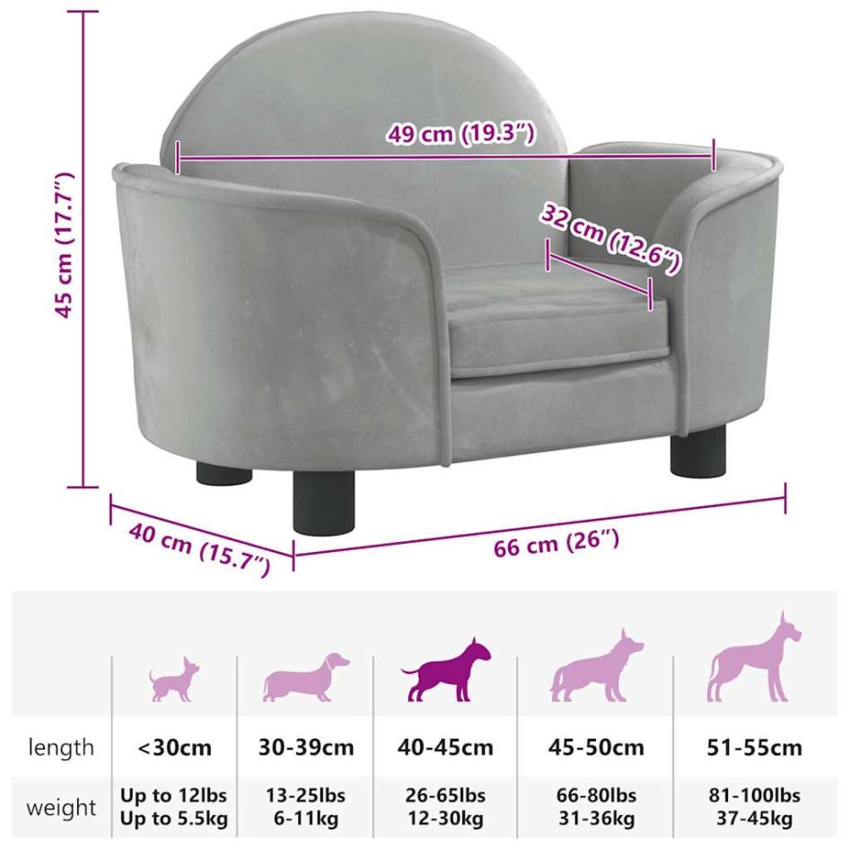 Cama para perros de terciopelo gris claro 66x40x45